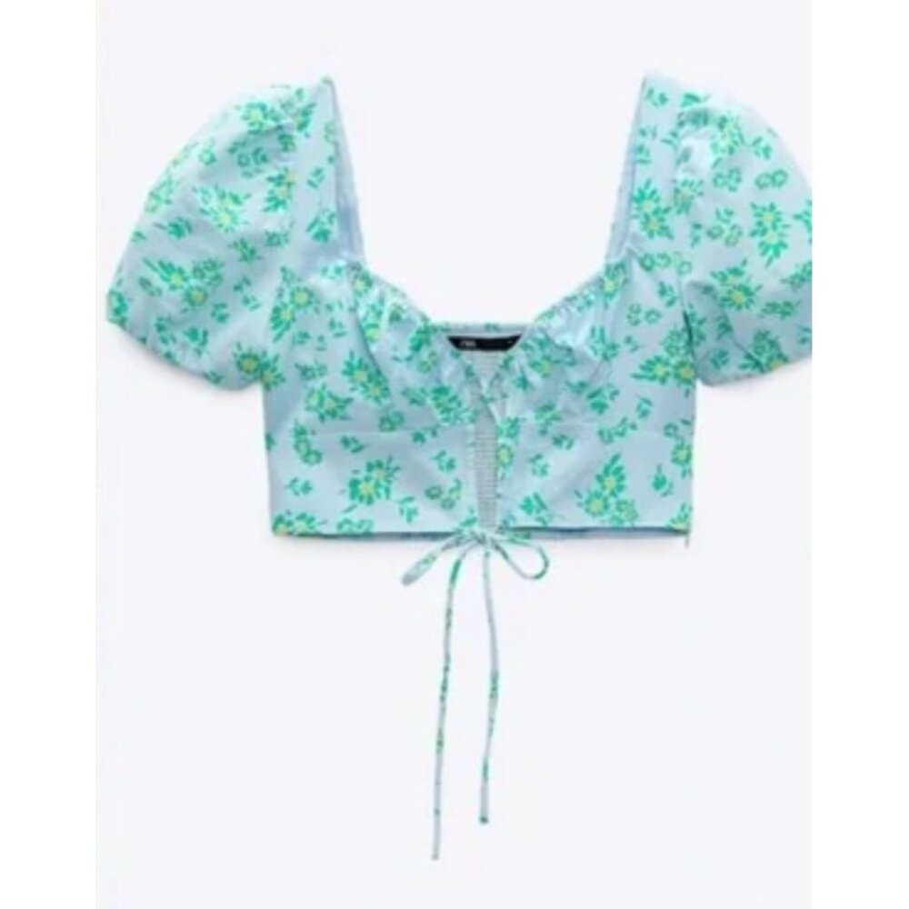 Zara Blue Floral Puff Sleeve Sweetheart Neckline Tie Front Crop Top - Picture 2 of 12